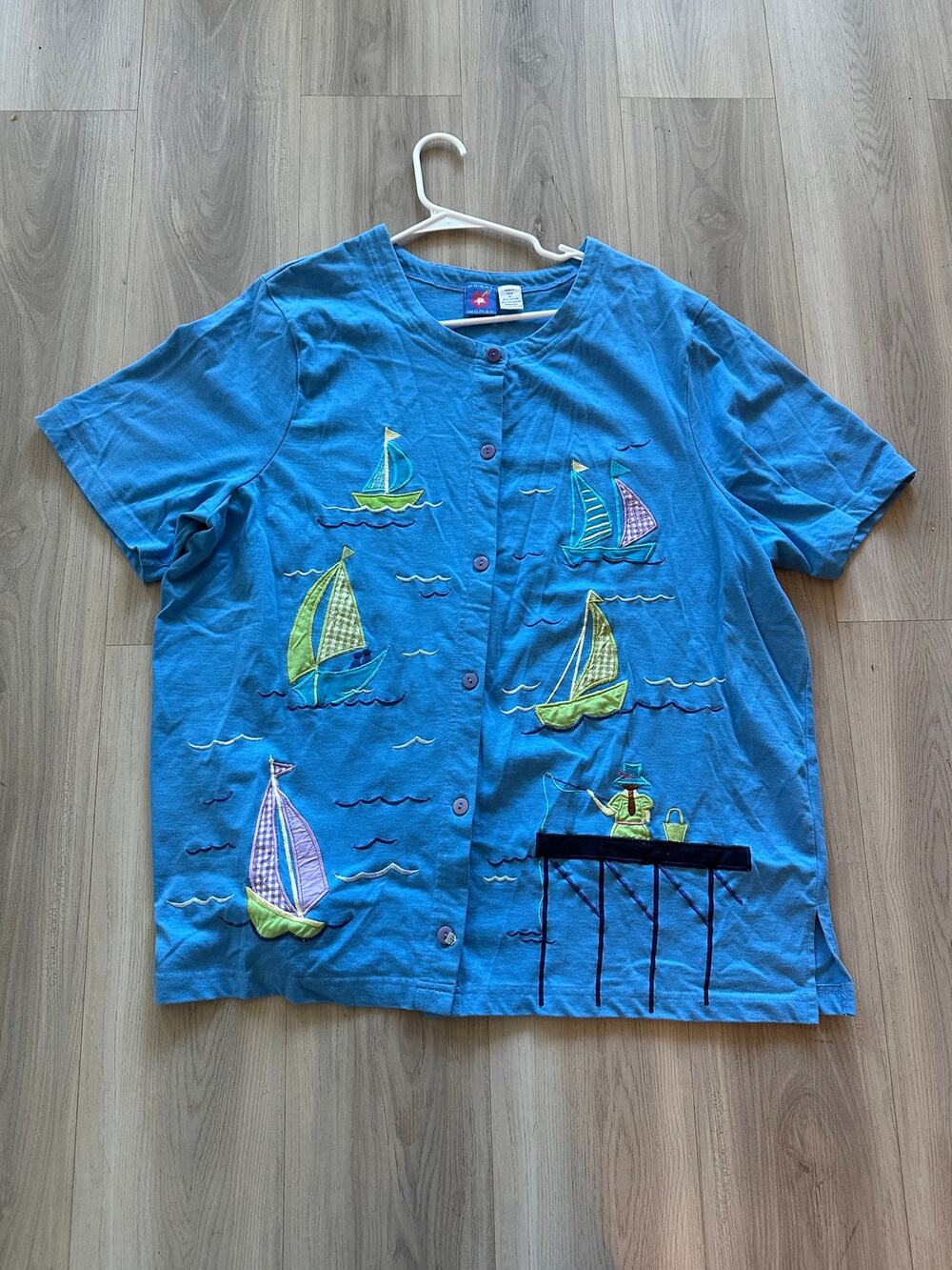 Vintage Onque Woman Nautical Applique Cardigan Shirt Blue Sailboat Pier 2X